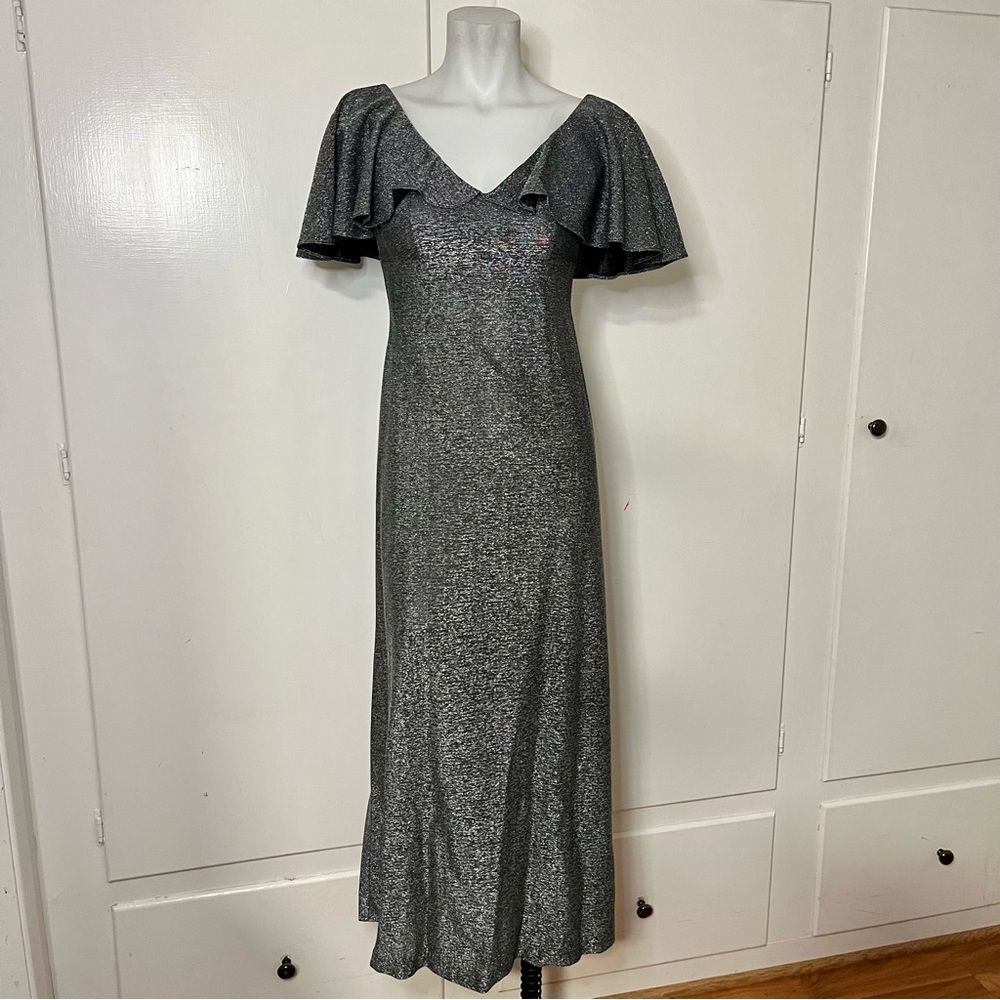 Vintage 70s Metallic Silver Lurex Ruffle Cape Sleeve V Neck Formal Disco Maxi